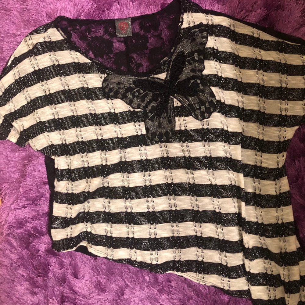 Beautiful black and white striped lace backed top